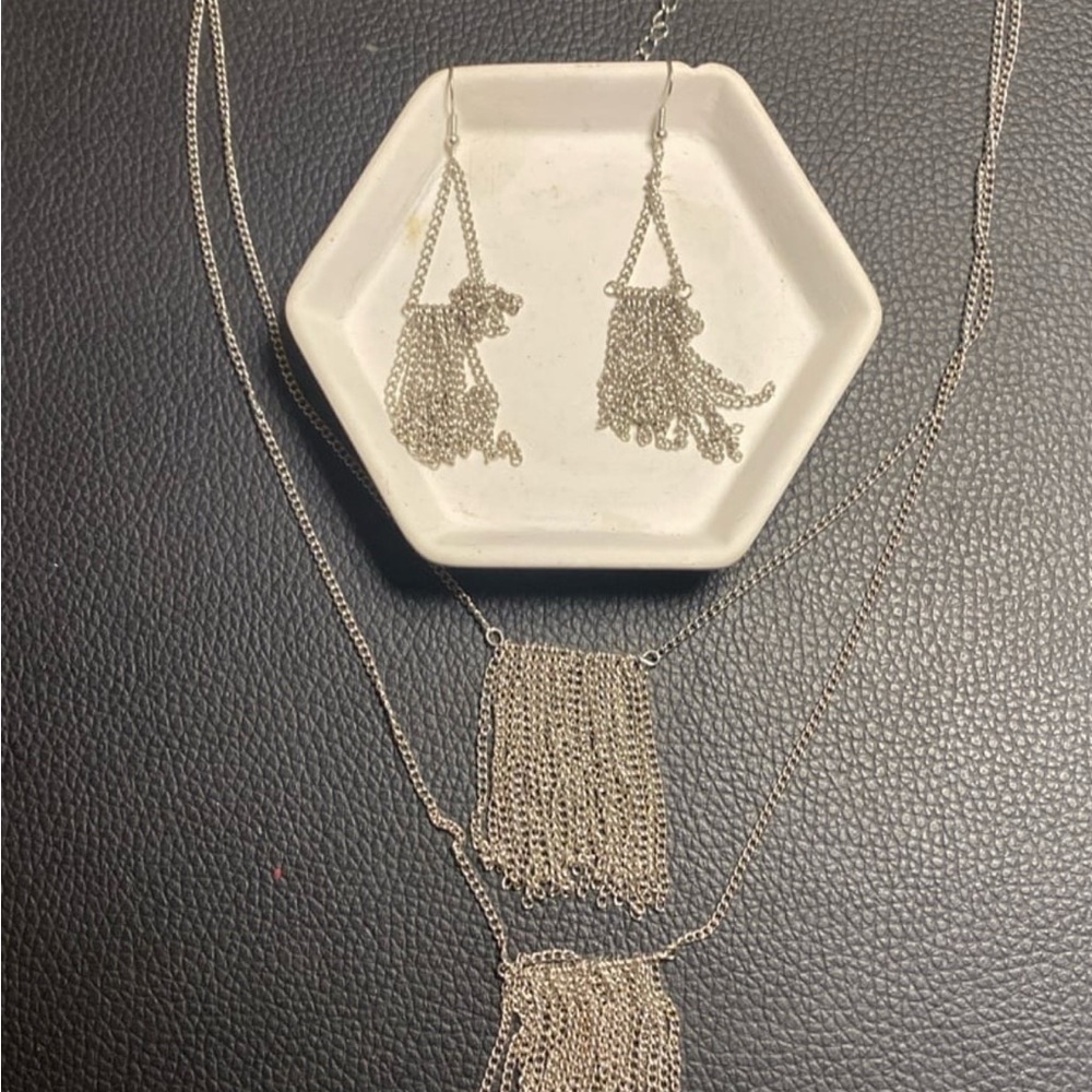 Silver Tassel Necklace and Earring Set